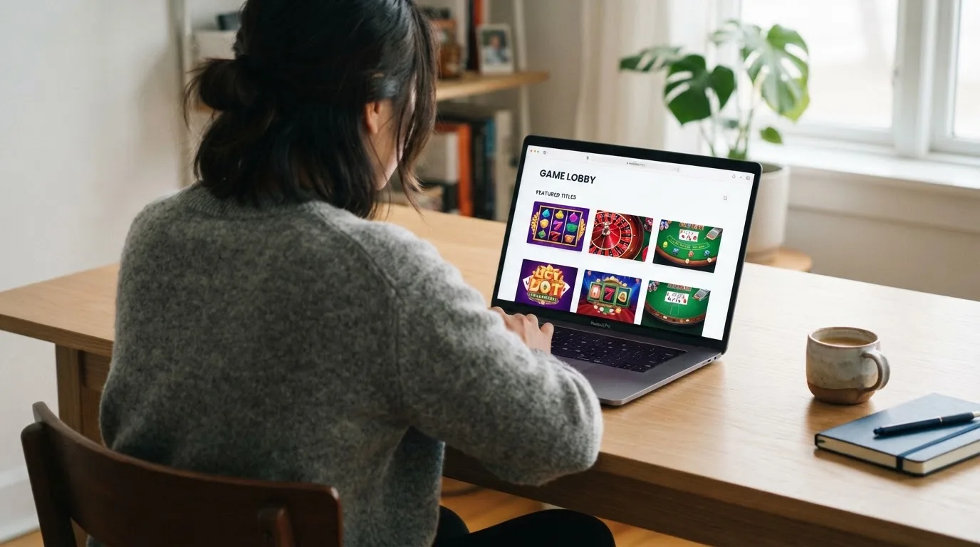 Person am Laptop liest eine Übersichtsseite zu Geldspielen im Internet — 10 franken bonus ohne einzahlung casino