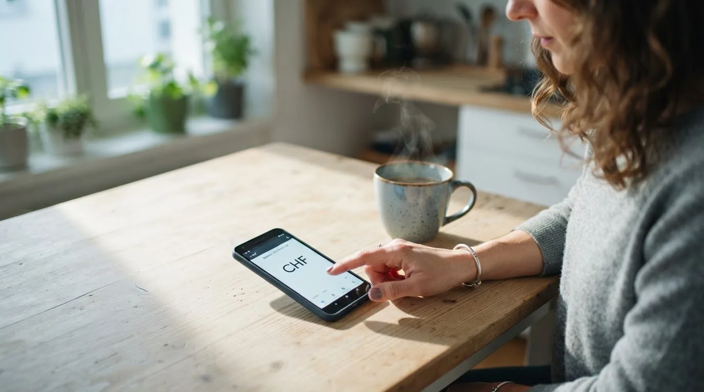 Frau tippt konzentriert auf ihrem Smartphone an einem Küchentisch, eine Tasse Kaffee steht griffbereit daneben.