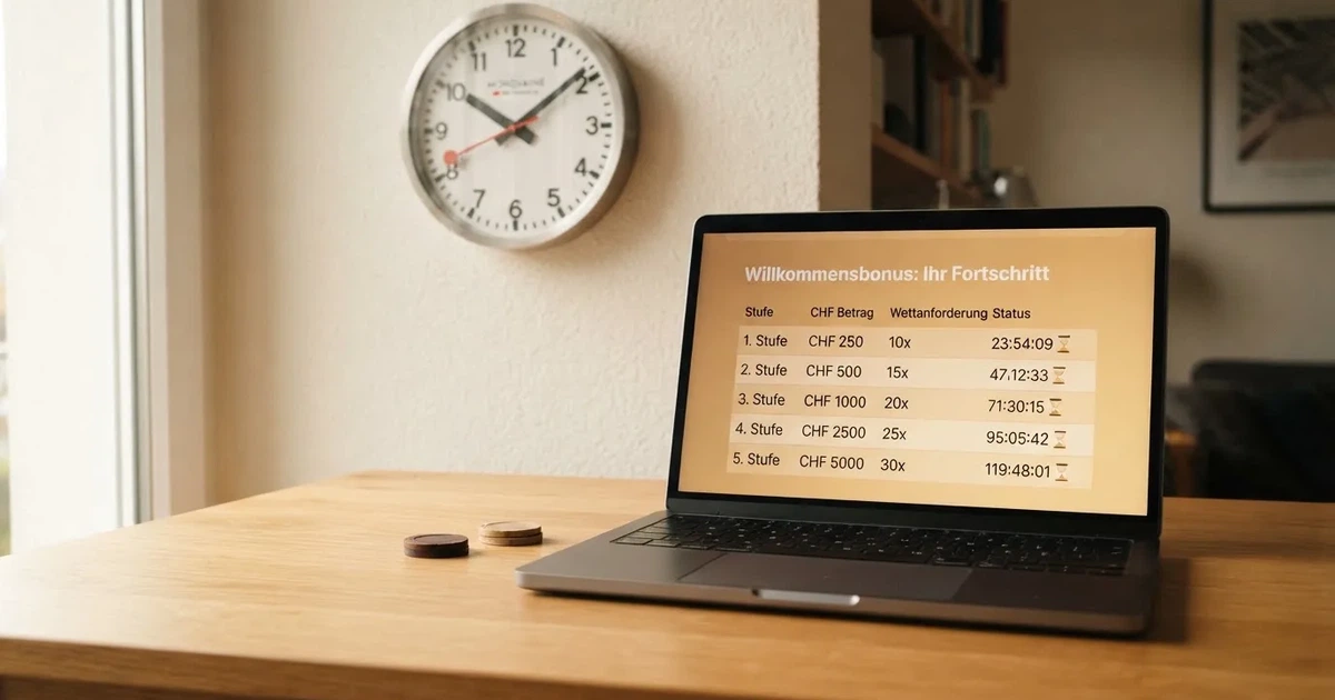 Bildschirm mit Bonusbedingungen, Einsatztabelle und einer Uhr im Hintergrund — 150 freispiele ohne einzahlung