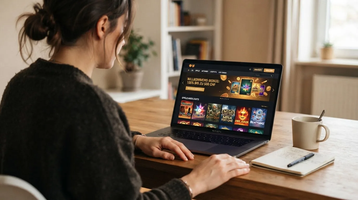 Person am Laptop liest eine Übersichtsseite zu Geldspielen im Internet — 20 franken bonus ohne einzahlung casino