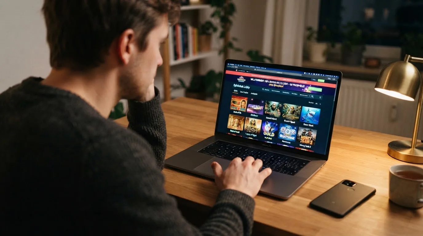 Person am Laptop liest eine Übersichtsseite zu Geldspielen im Internet — 30 franken bonus ohne einzahlung casino