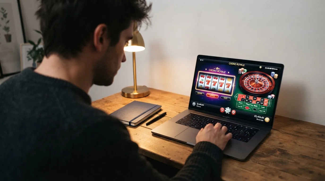 Person am Laptop liest eine Übersichtsseite zu Geldspielen im Internet — 40 franken bonus ohne einzahlung casino