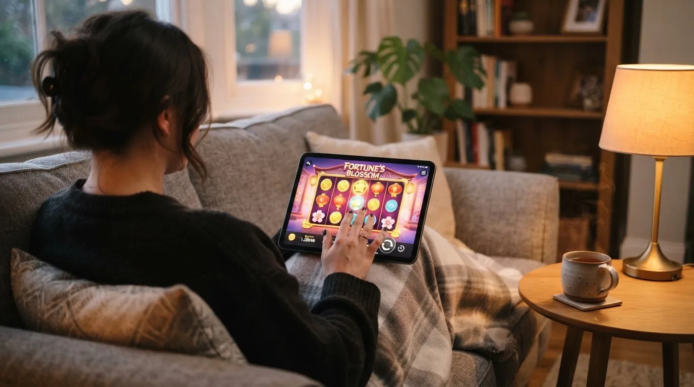 Person sitzt entspannt mit Tablet auf dem Sofa, warmes Lampenlicht, eine Tasse Tee steht daneben auf einem kleinen Tisch.
