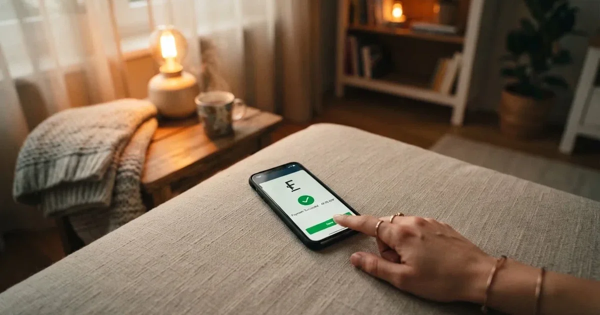 Nahaufnahme einer Hand, die auf einem Smartphone eine Zahlungsbestätigung antippt, im Hintergrund eine gemütliche Wohnzimmerecke am Abend.