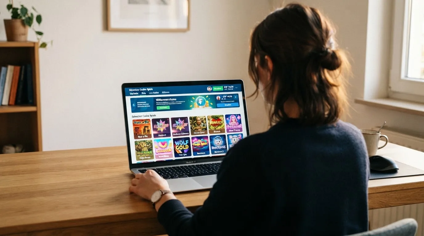 Person am Laptop liest eine Übersichtsseite zu Geldspielen im Internet — best crypto casino schweiz