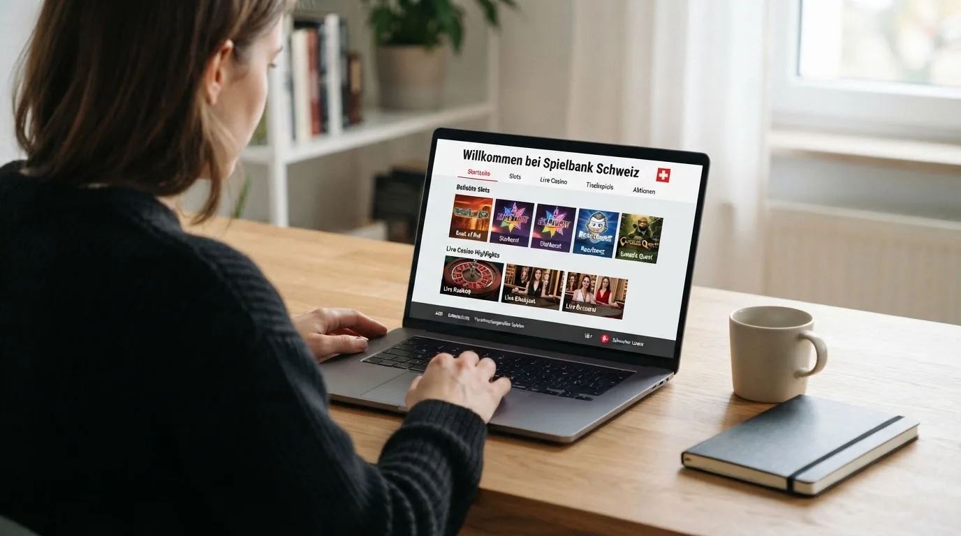 Person am Laptop liest eine Übersichtsseite zu Geldspielen im Internet — beste ausländische casinos für schweizer spieler