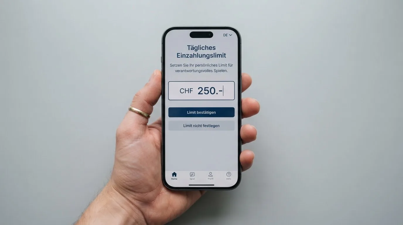 Hand hält ein Smartphone mit einem Formular zur Einzahlungsgrenze, ruhige Stimmung — beste ausländische casinos für schweizer spieler