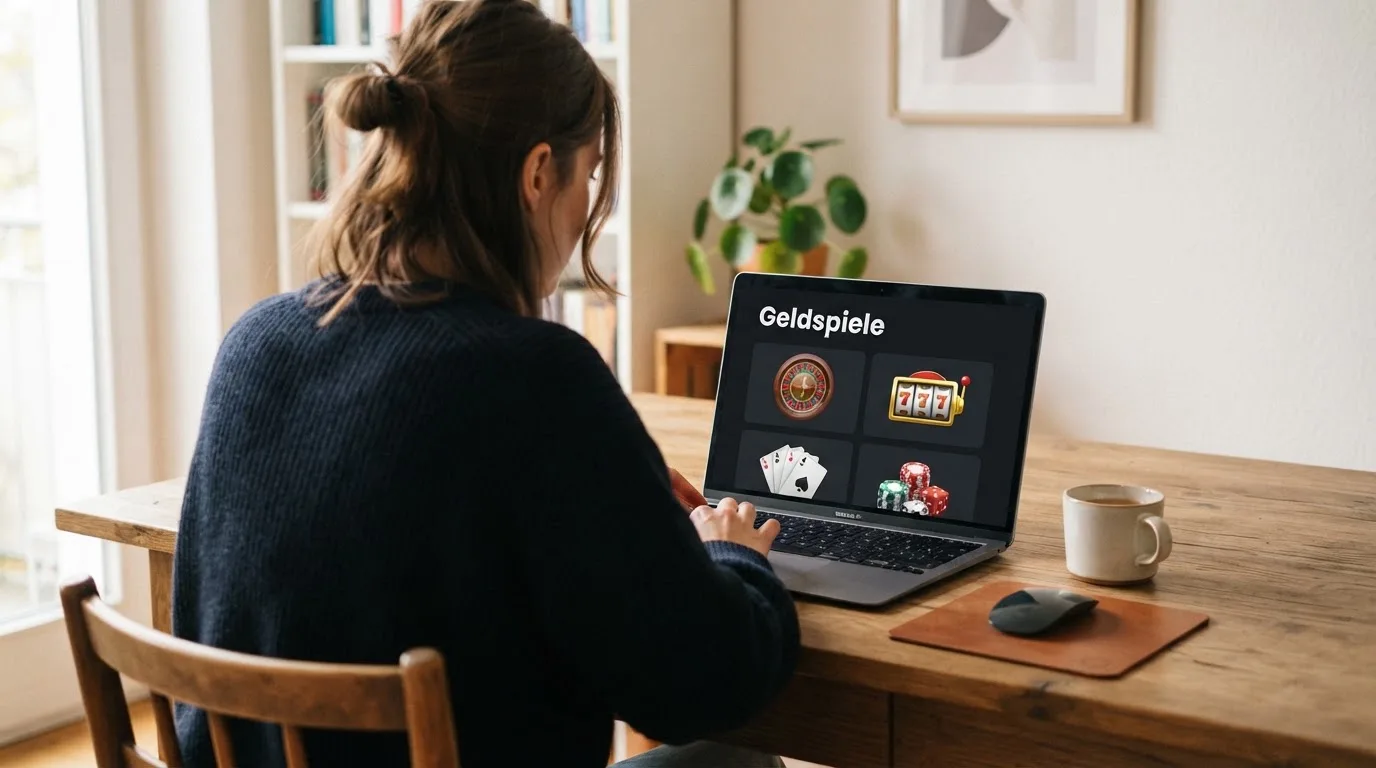 Person am Laptop liest eine Übersichtsseite zu Geldspielen im Internet — beste casino mit schneller auszahlung