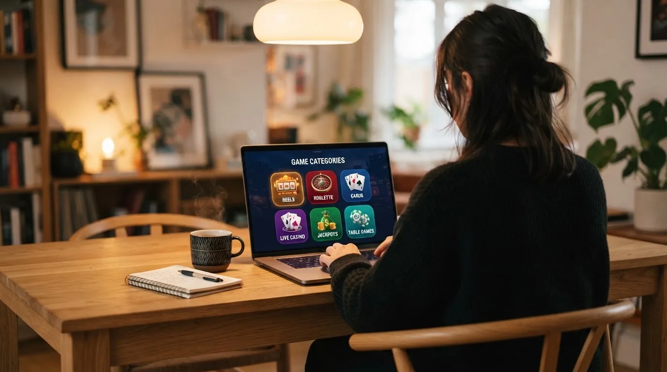 Person am Laptop liest eine Übersichtsseite zu Geldspielen im Internet — beste casino ohne verifizierung auszahlen