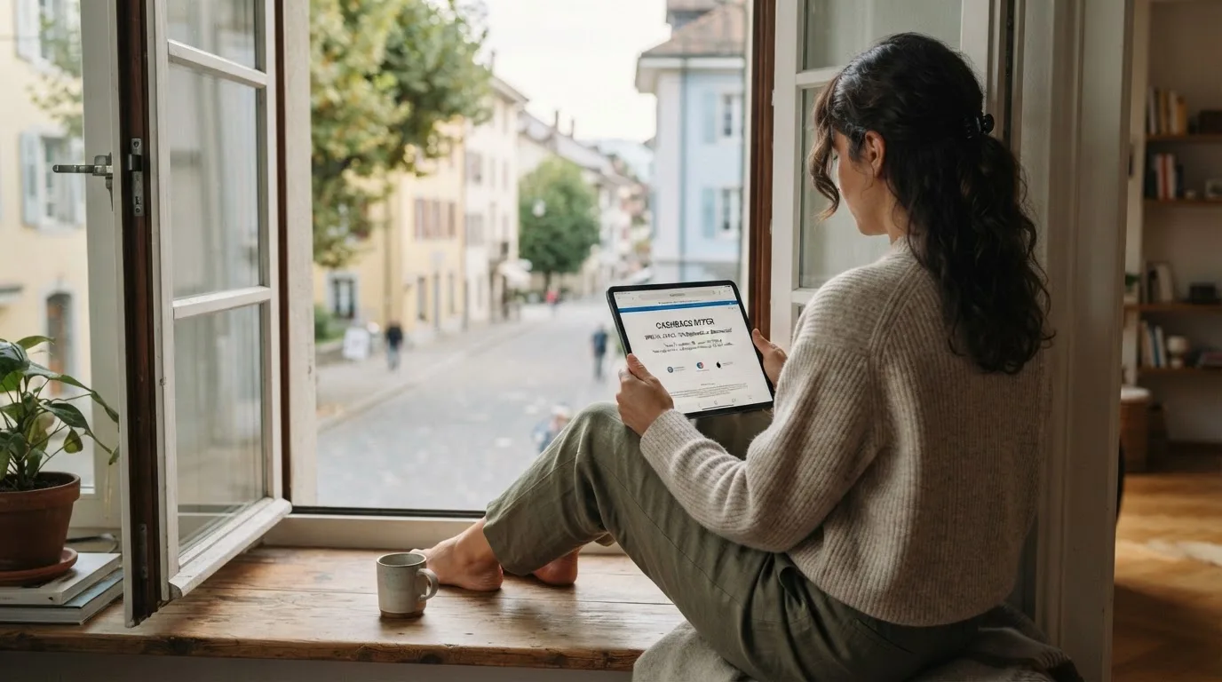 Frau sitzt mit einem Tablet auf einer Fensterbank, Blick nach draussen auf eine ruhige Strasse.