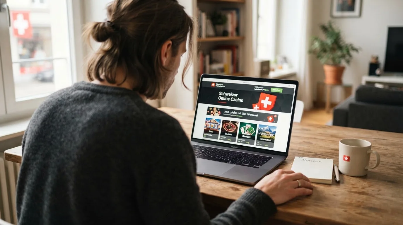 Person am Laptop liest eine Übersichtsseite zu Geldspielen im Internet — beste craps online casinos schweiz