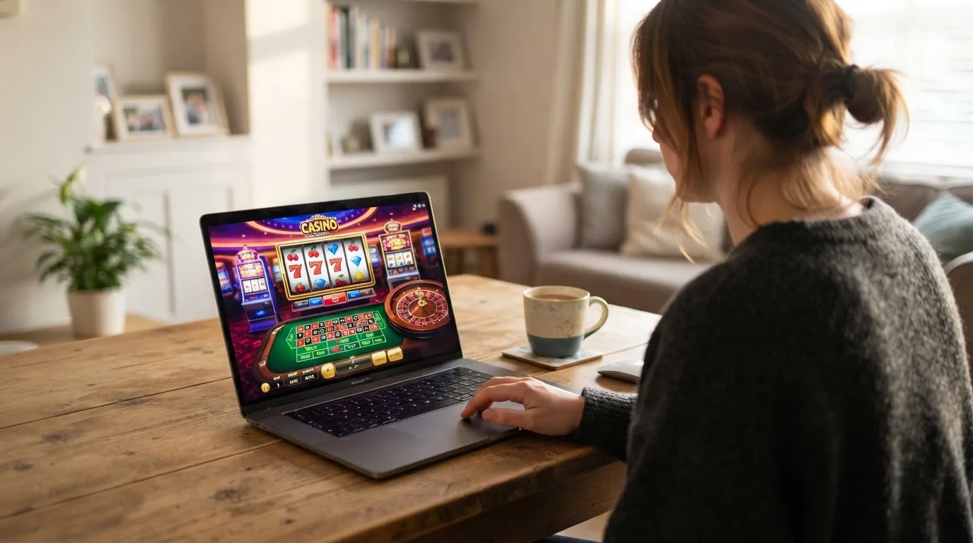 Person am Laptop liest eine Übersichtsseite zu Geldspielen im Internet — beste online casino ausland