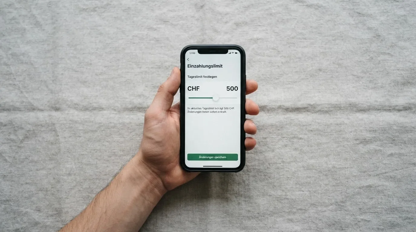 Hand hält ein Smartphone mit einem Formular zur Einzahlungsgrenze, ruhige Stimmung — beste online casino ausland