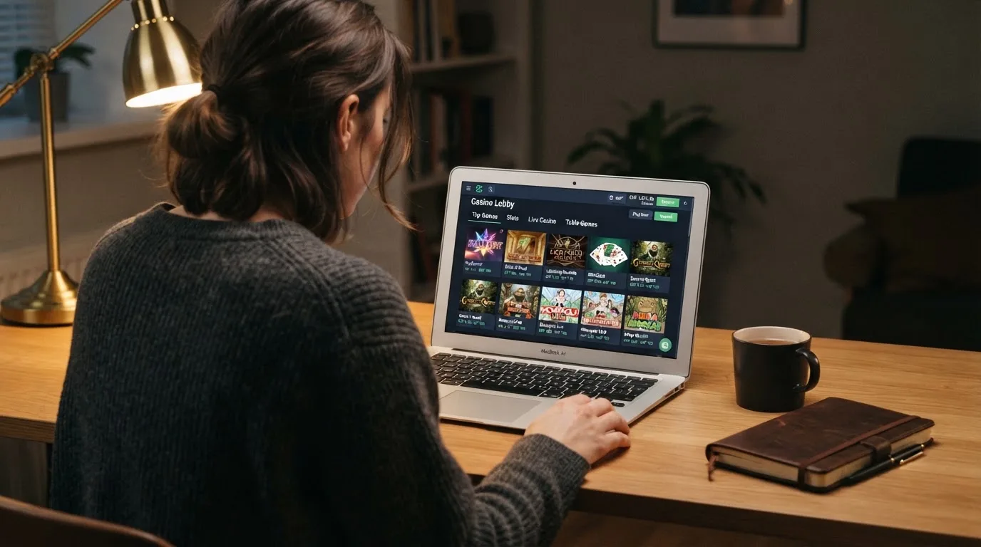 Person am Laptop liest eine Übersichtsseite zu Geldspielen im Internet — beste online casino echtgeld app
