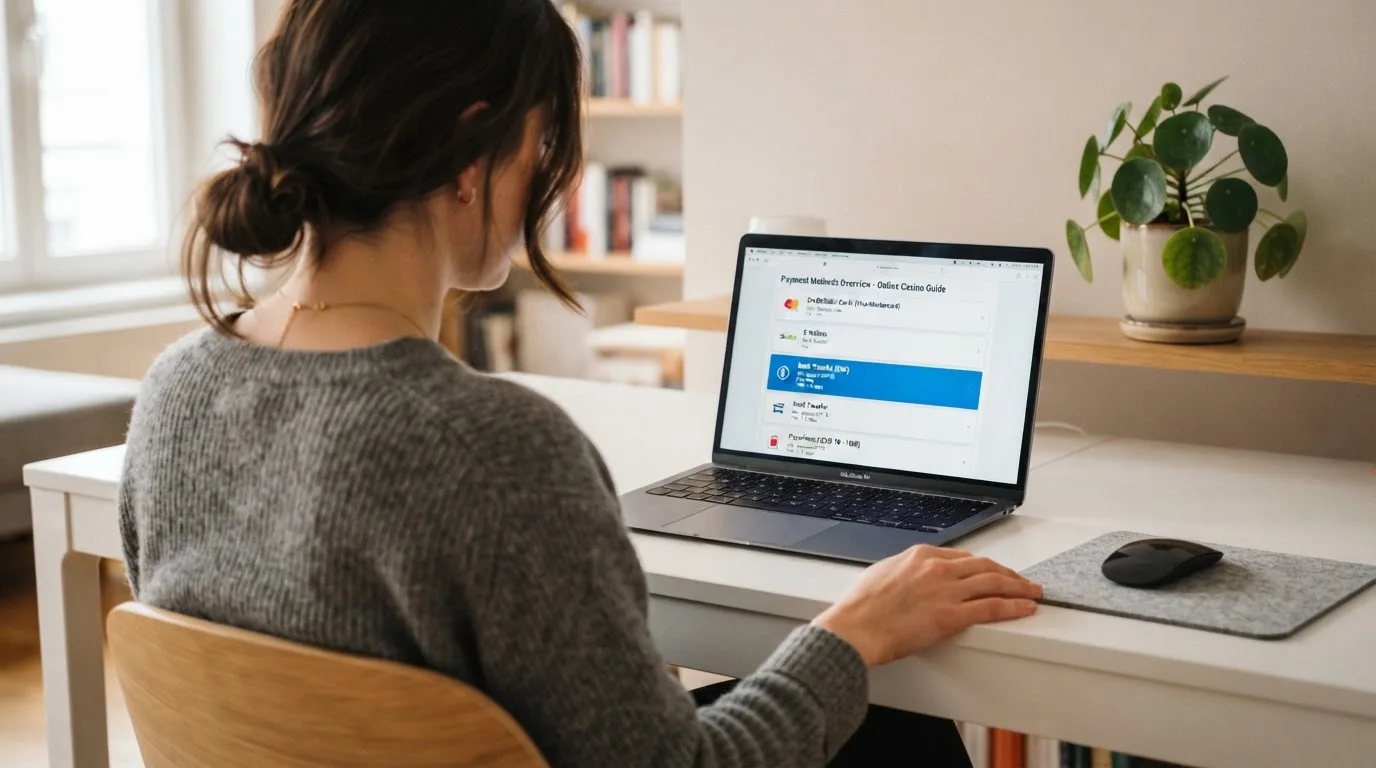 Person am Laptop liest eine Übersichtsseite zu Geldspielen im Internet — beste online casino mit apple pay bezahlen