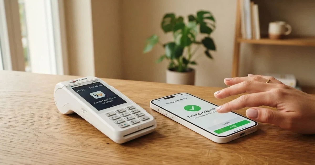 Kartenterminal und Smartphone mit einer ausstehenden Zahlungsbenachrichtigung — beste online casino mit banküberweisung bezahlen