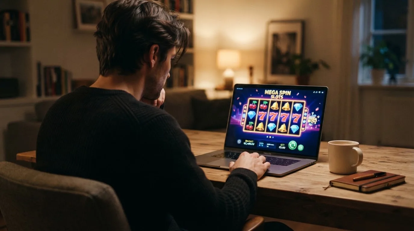 Person am Laptop liest eine Übersichtsseite zu Geldspielen im Internet — beste online casino mit banküberweisung bezahlen