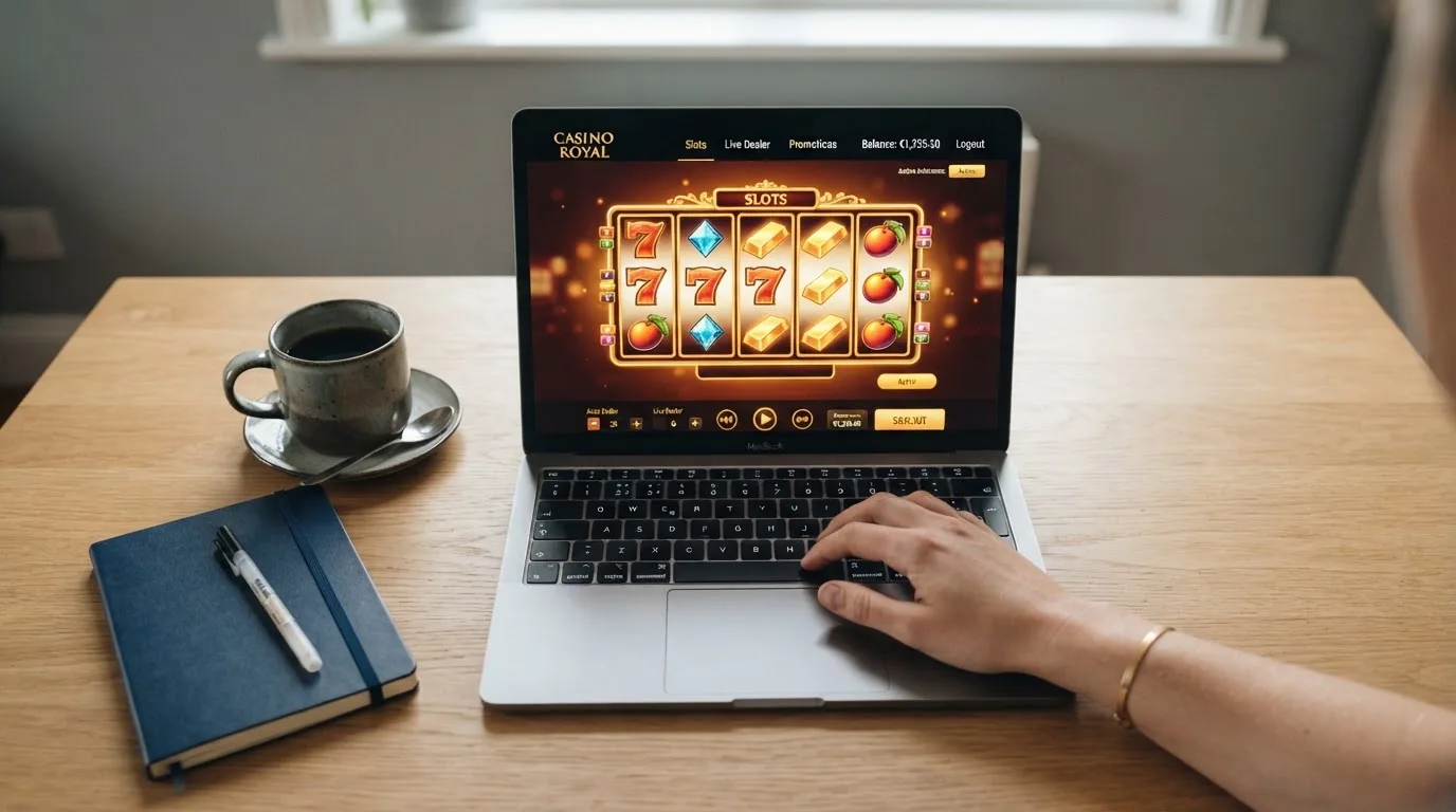 Person am Laptop liest eine Übersichtsseite zu Geldspielen im Internet — beste online casino mit cashtocode bezahlen