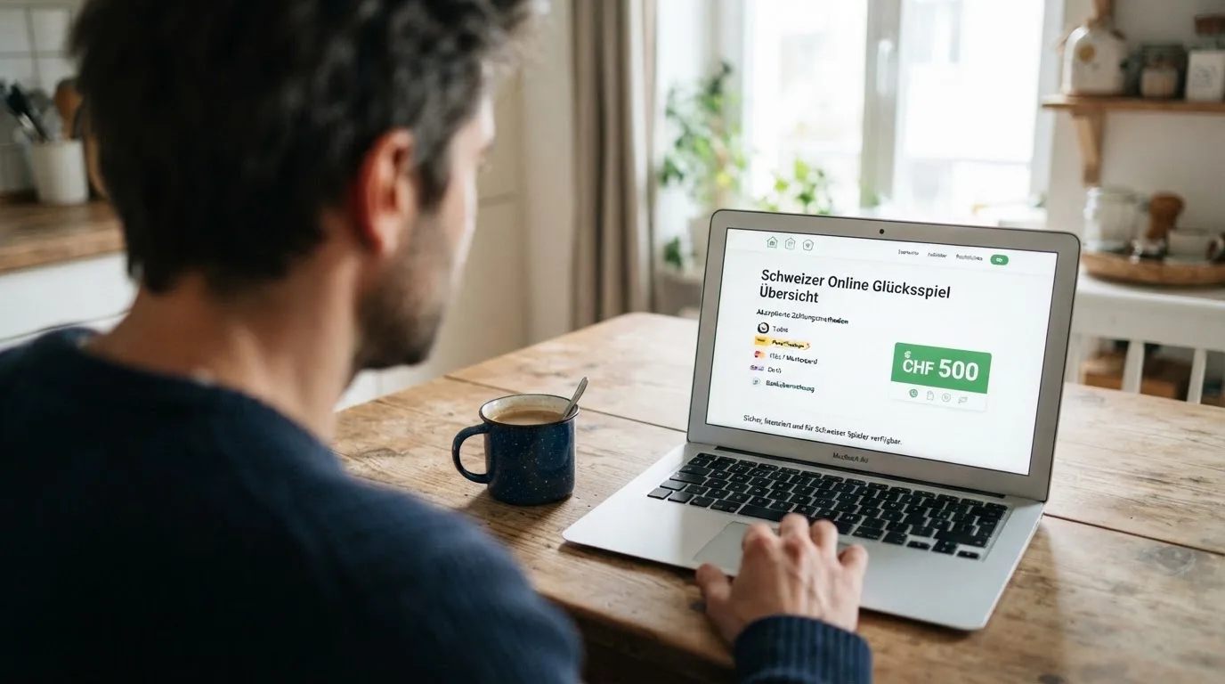 Person am Laptop liest eine Übersichtsseite zu Geldspielen im Internet — beste online casinos schweiz mit no deposit bonus