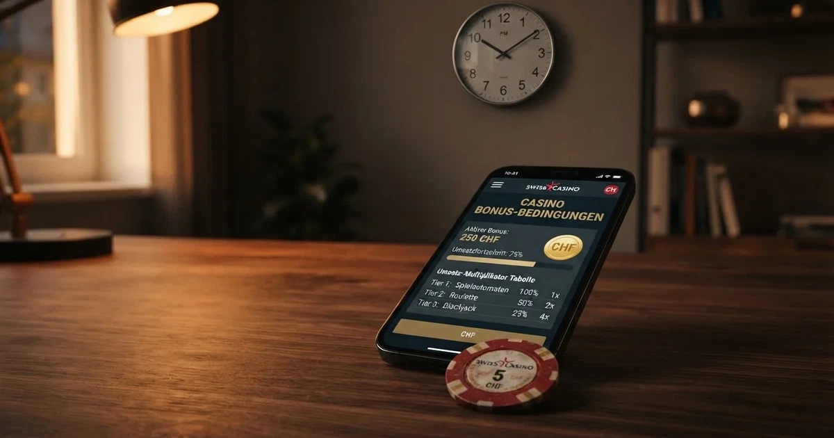 Bildschirm mit Bonusbedingungen, Einsatztabelle und einer Uhr im Hintergrund — beste online casinos schweiz mit no deposit bonus