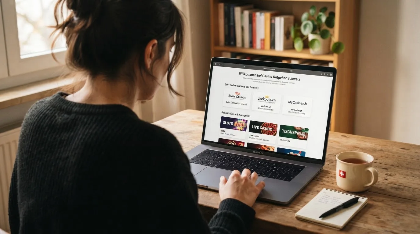 Person am Laptop liest eine Übersichtsseite zu Geldspielen im Internet — beste online spielothek casinos