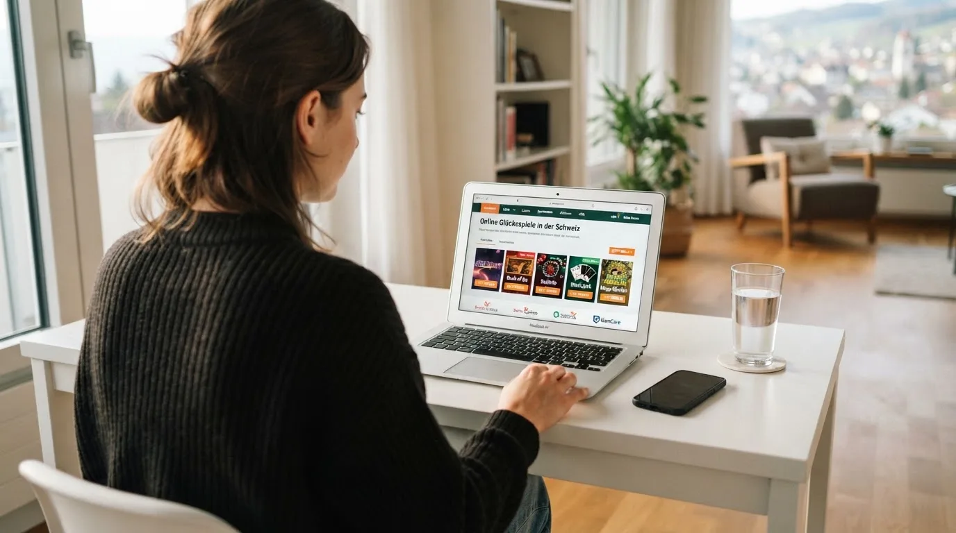 Person am Laptop liest eine Übersichtsseite zu Geldspielen im Internet — bester willkommensbonus online casino
