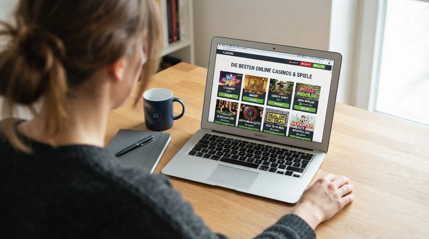 Person am Laptop liest eine Übersichtsseite zu Geldspielen im Internet — binance coin casino vergleich