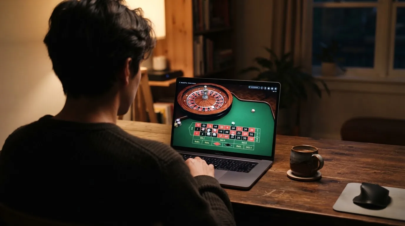 Person am Laptop liest eine Übersichtsseite zu Geldspielen im Internet — bitcoin cash casino vergleich
