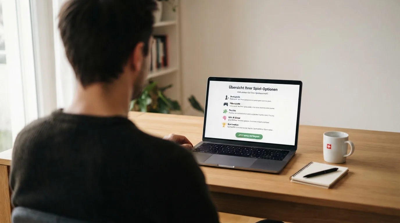 Person am Laptop liest eine Übersichtsseite zu Geldspielen im Internet — casino bonus ohne einzahlung