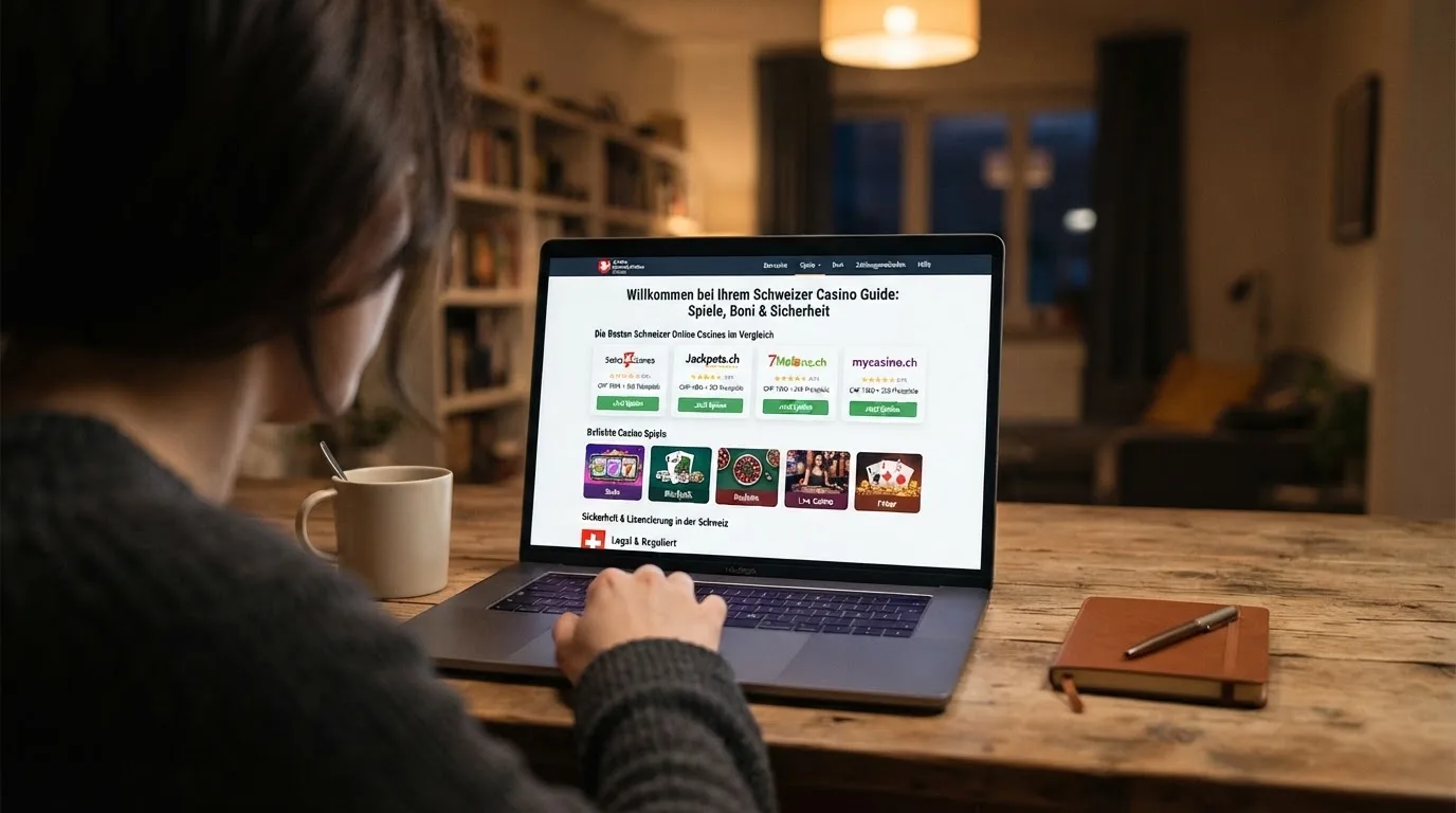 Person am Laptop liest eine Übersichtsseite zu Geldspielen im Internet — casino mit hoher gewinnchance