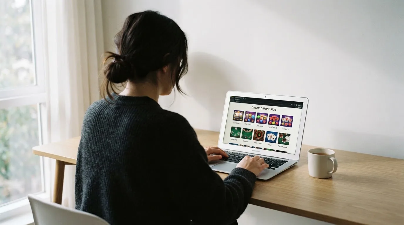 Person am Laptop liest eine Übersichtsseite zu Geldspielen im Internet — casino online mit bonus ohne einzahlung