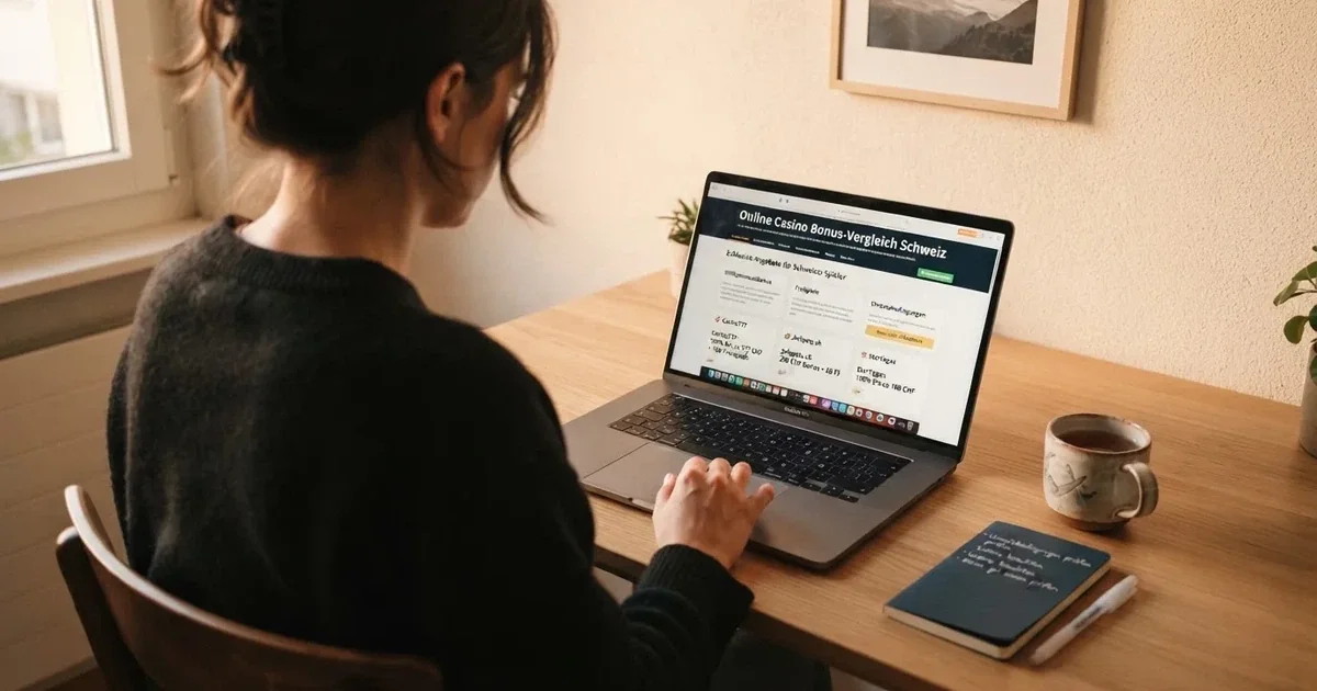 Person am Laptop liest eine Übersichtsseite zu Geldspielen im Internet — freie 90 tage qualifikationszeitraum casino