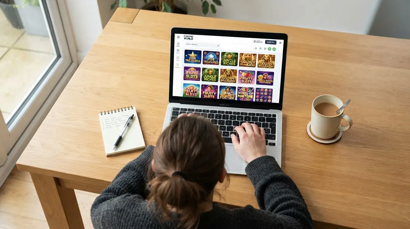Person am Laptop liest eine Übersichtsseite zu Geldspielen im Internet — handy casino echtgeld bonus ohne einzahlung