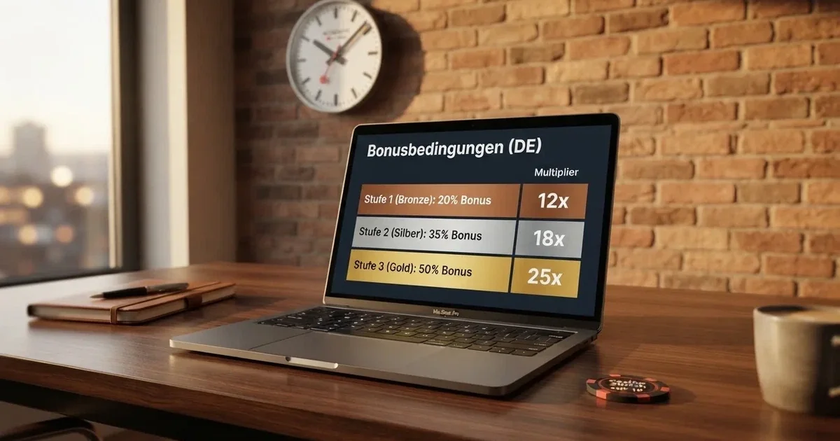 Bildschirm mit Bonusbedingungen, Einsatztabelle und einer Uhr im Hintergrund — online casino bonusbedingungen