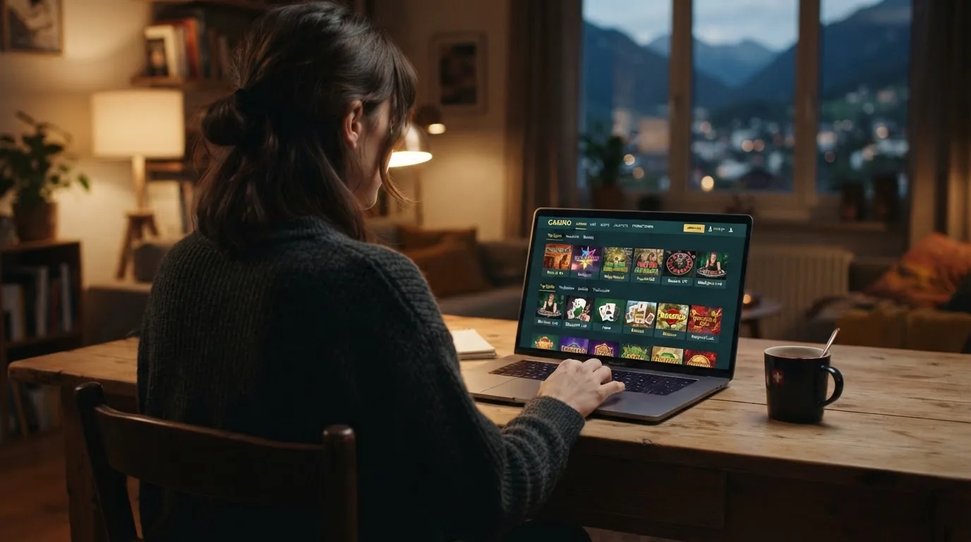 Person am Laptop liest eine Übersichtsseite zu Geldspielen im Internet — online casino mit autoplay
