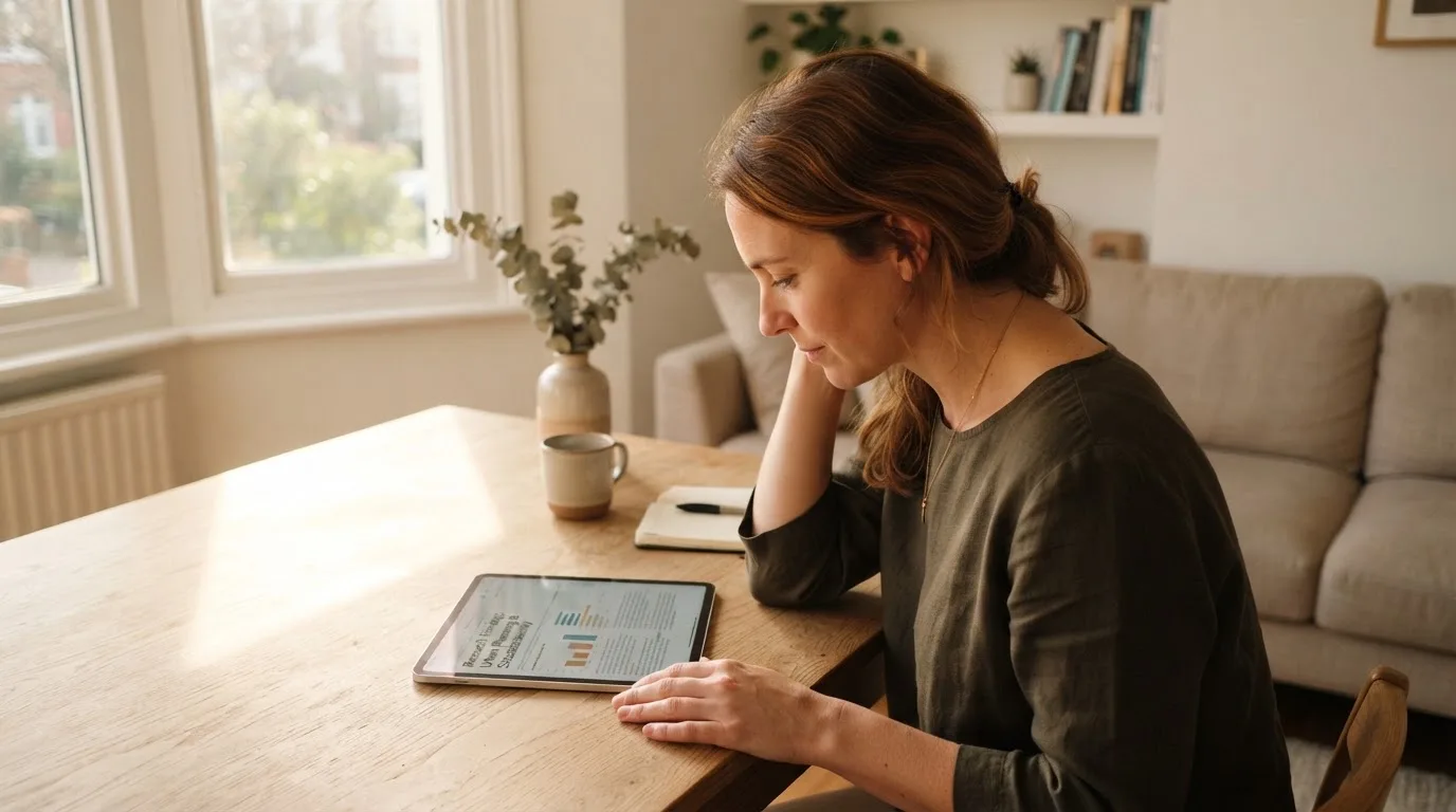 Frau sitzt am Wohnzimmertisch und schaut konzentriert auf ihr Tablet, Nachmittagslicht durchs Fenster.