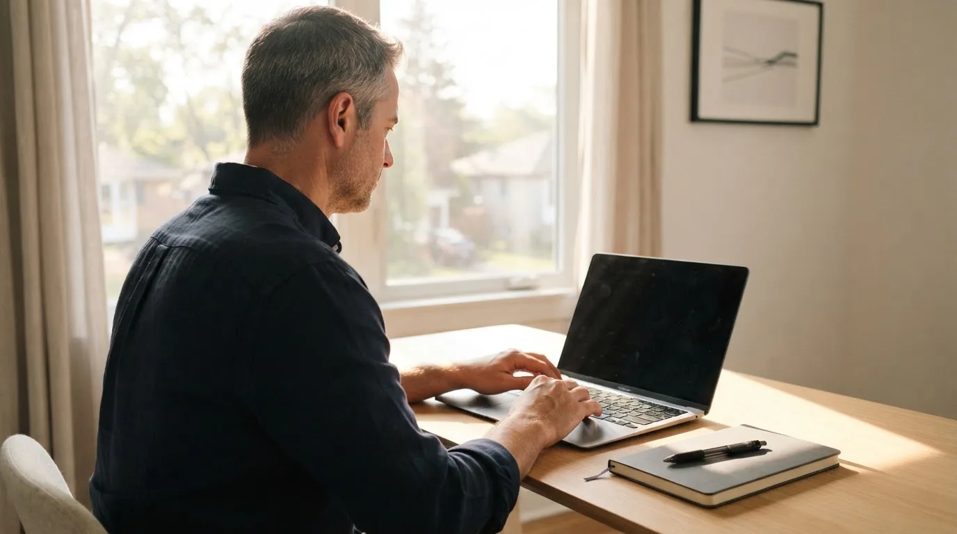 Mann sitzt am Schreibtisch und tippt konzentriert auf seinem Laptop, Sonnenlicht fällt durchs Fenster.