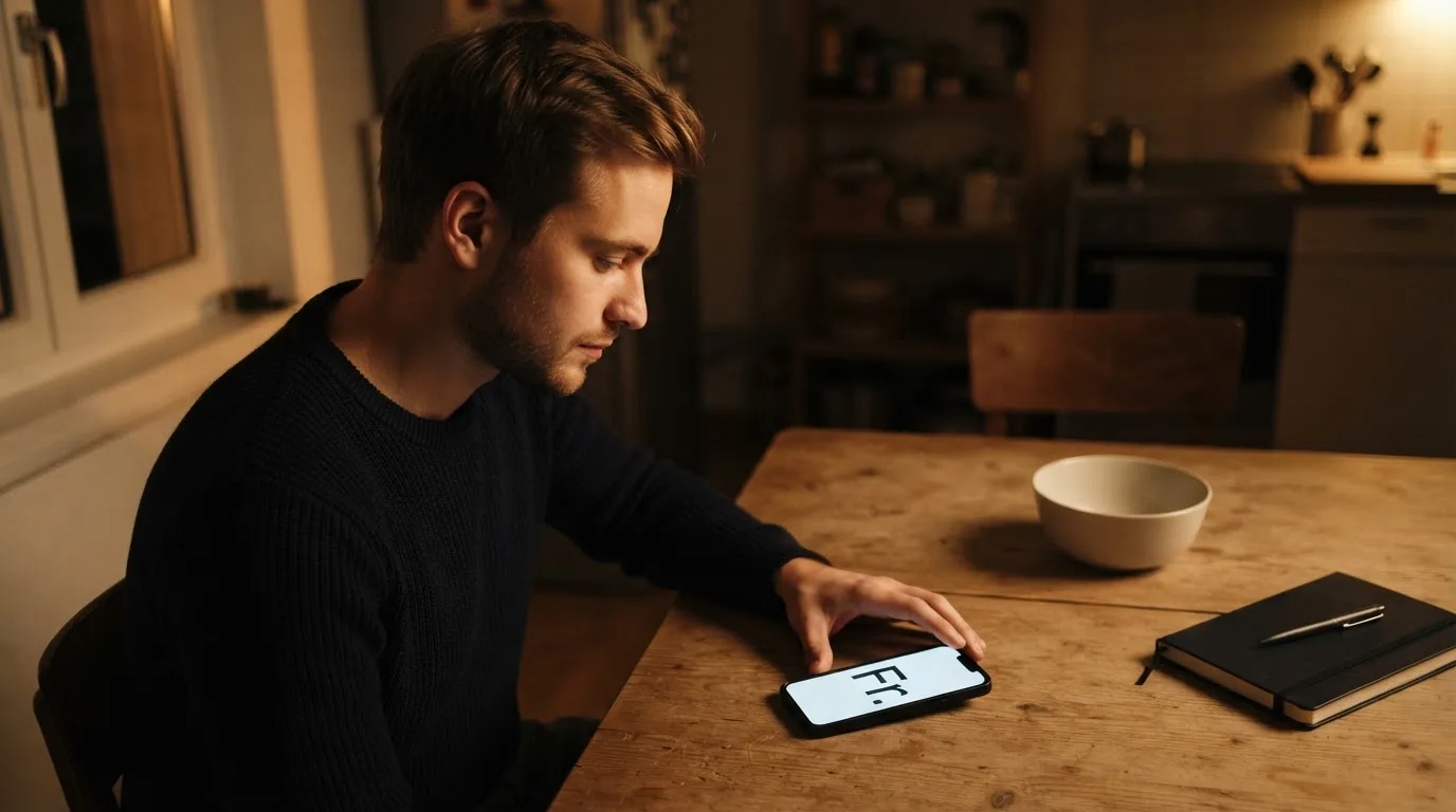Junger Mann sitzt allein am Küchentisch und schaut nachdenklich auf sein Smartphone, Abendlicht im Raum.